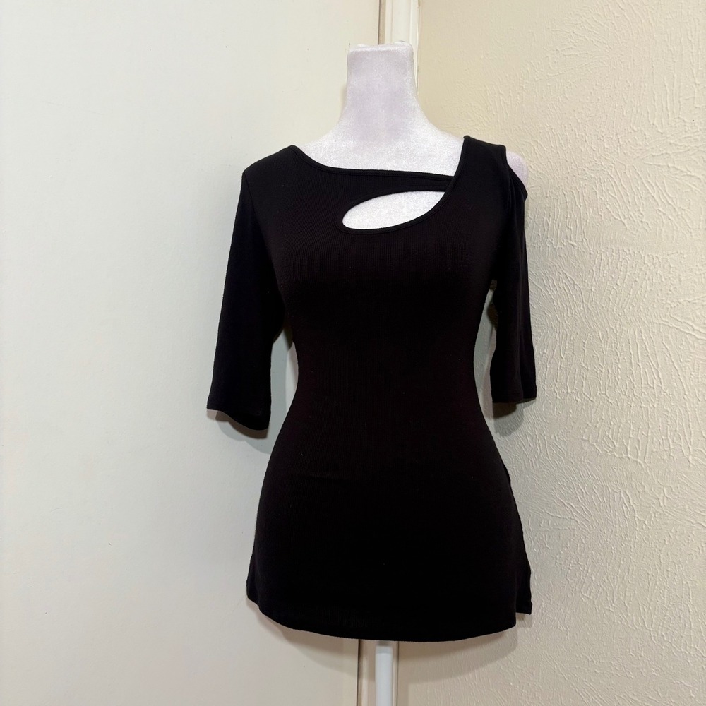 Goldray Black Ribbed Cut Out Top 3/4 Sleeve Asymmetrical Modal Casual Blouse M